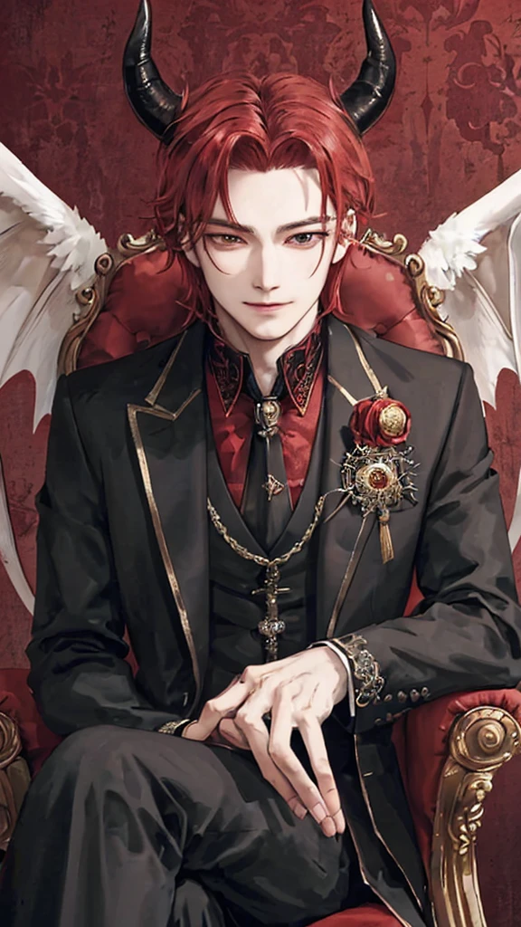 1man, 20 year's old man, wallpaper, wallpaper masterpiece, portrait, angelic appearance, solo, male focus, red color hair, horns, black horns, tidy and clean hair, fair skin, Golden eyes, neat attire, well groomed, gentle expression, elegant smiled, beautiful handsomely, eye bags, demon, demon king, demon aura, dragonian man, Lucifer pose, Lucifer, half bodies shoot, black wings, wings, sitting on the throne