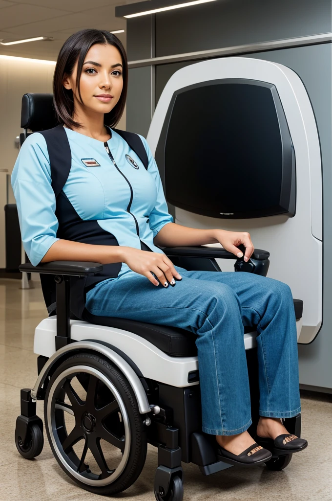 Create an image of a futuristic wheelchair called the 'RoboLift Chair' designed for medical settings. The chair should have robotic arms and mechanisms for lifting and transferring patients safely. It should look advanced, with a sleek, ergonomic design, and incorporate medical symbols or features indicating its use in ambulances or hospitals. The background should be a modern, high-tech medical environment."