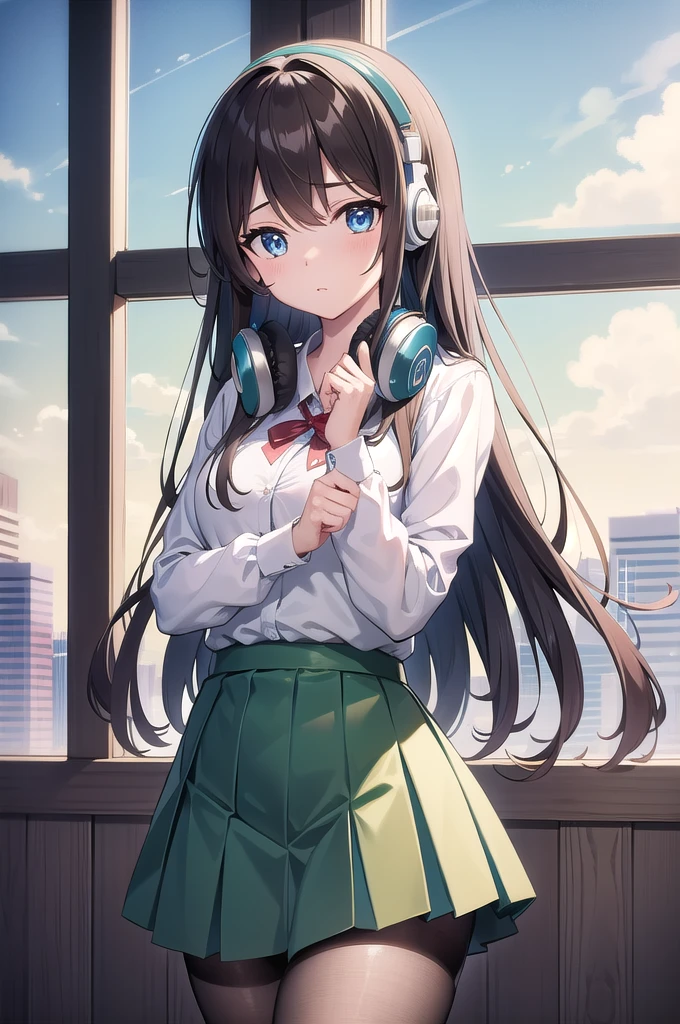 mikunakano, miku nakano, long hair, bangs, blue eyes, brown hair, shirt, hair between eyes, headphones, cardigan, headphones around neck,
BREAK skirt, shirt, long sleeves, white shirt, pantyhose, pleated skirt, black pantyhose, green skirt,
BREAK indoors, classroom,school,
BREAK looking at viewer, BREAK (masterpiece:1.2), best quality, high resolution, unity 8k wallpaper, (illustration:0.8), (beautiful detailed eyes:1.6), extremely detailed face, perfect lighting, extremely detailed CG, (perfect hands, perfect anatomy),