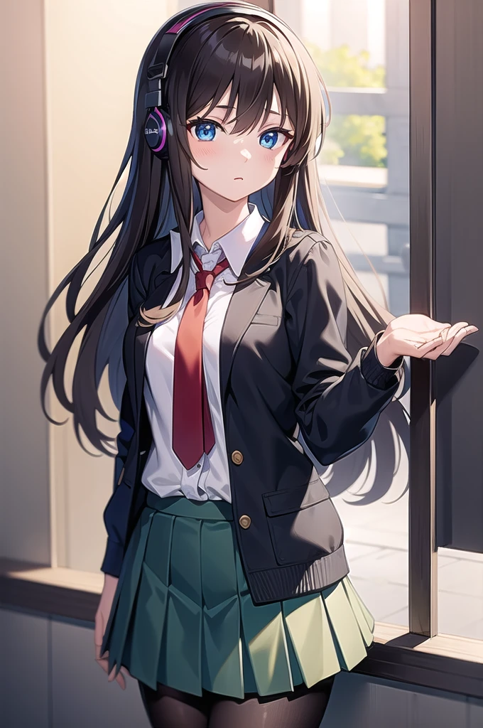 mikunakano, miku nakano, long hair, bangs, blue eyes, brown hair, shirt, hair between eyes, headphones, cardigan, headphones around neck,
BREAK skirt, shirt, long sleeves, white shirt, pantyhose, pleated skirt, black pantyhose, green skirt,
BREAK indoors, classroom,school,
BREAK looking at viewer, BREAK (masterpiece:1.2), best quality, high resolution, unity 8k wallpaper, (illustration:0.8), (beautiful detailed eyes:1.6), extremely detailed face, perfect lighting, extremely detailed CG, (perfect hands, perfect anatomy),