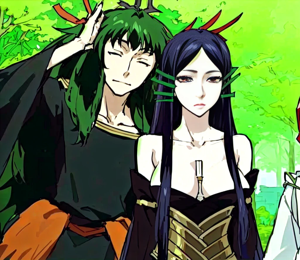 anime characters dressed in costumes standing next to each other, fus rei, wearing dark green robes, anime masterpiece, today's featured anime still, the goddess artemis smirking, shuushuu anime image, top 25 fantasy anime series, möbius and æon flux, screenshot from guro anime, from sengoku period, in a anime masterpiece