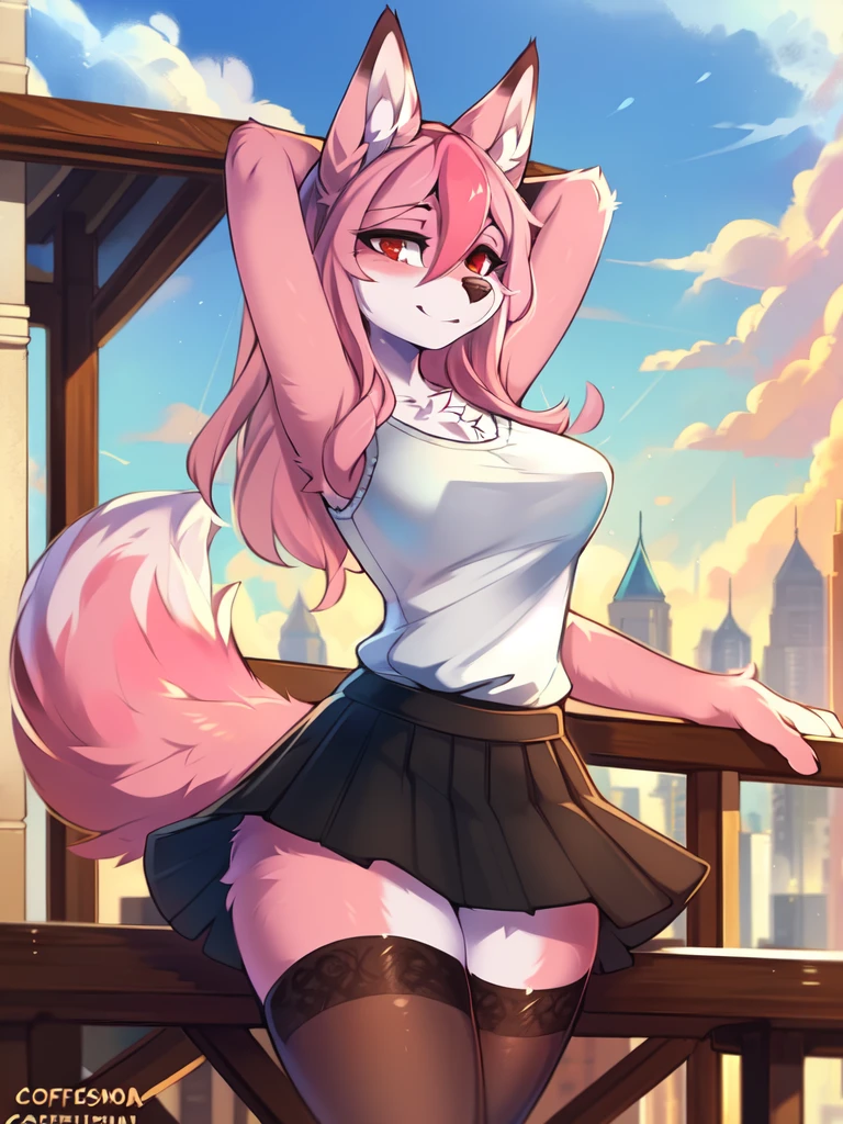 from Kenketa, Ross Tran, Ruan Jia, mumps, Foxovh, от zackary911, от Hyattlen, on a terrace, by Fumiko, от Pixelsketcher, by Bayard Wu, Thomas Benjamin Kennington, from Einshelm, from Kilina, by Coffeesoda, from Hyoshiru, from down-kevlar, от r-mk, by Dimwitdog, fluffy, Nazuna_hiwatasi, antro, Female, One, standing, mocking look, (half-closed eyes), pink hair, pink tail, (white for girls, blues skirt, high stockings), (Red eyes), olhos para trás, (enormes breasts, hips), (Fox), (hands above head), (pink body, two-tone fur), bunda para expectador, olhando para trás, (decote na camisa)