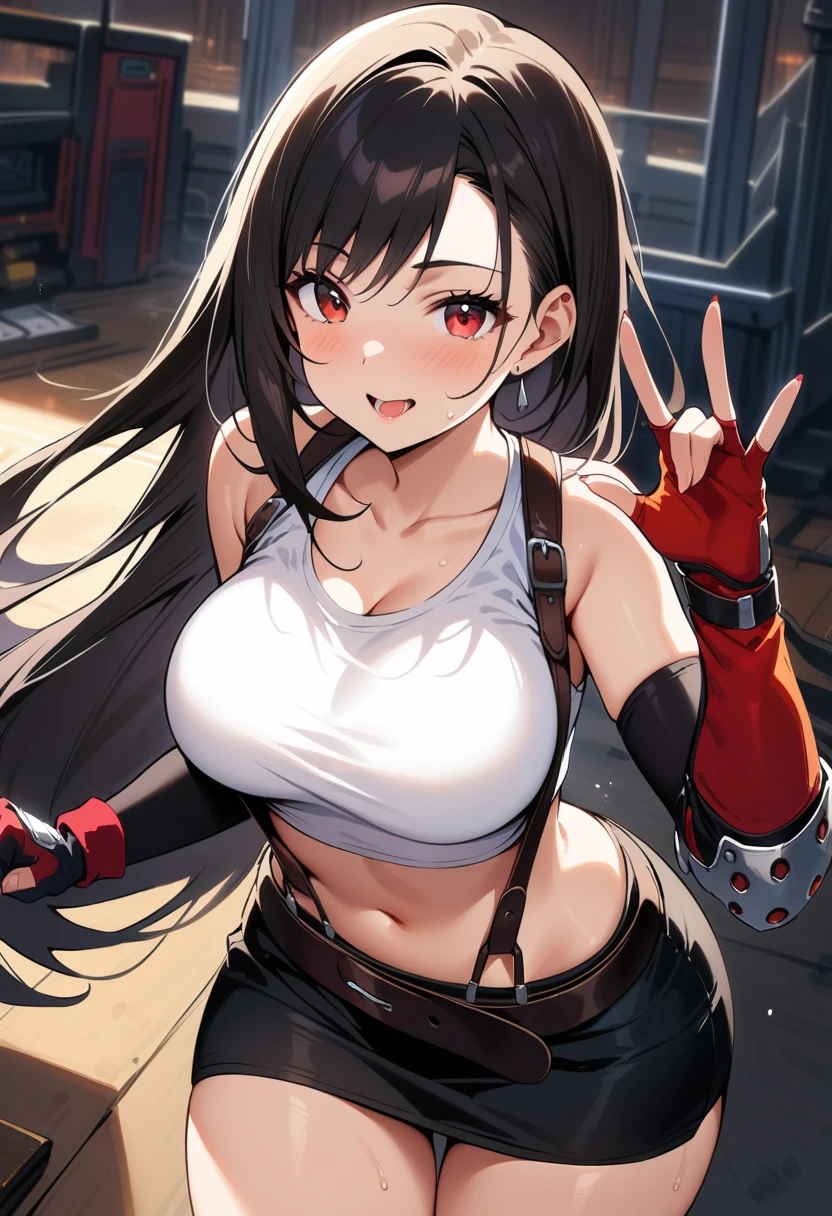 masterpiece, best quality, very aesthetic, absurdres,1girl, ,tifa lockhart, final fantasy, long black hair, red eyes, white crop top, elbow pad, fingerless gloves, suspenders, white tshirt, short skirt, miniskirt, pencil skirt,sexually_suggestive, handjob_gesture,in recreational machine hall,floating_hair