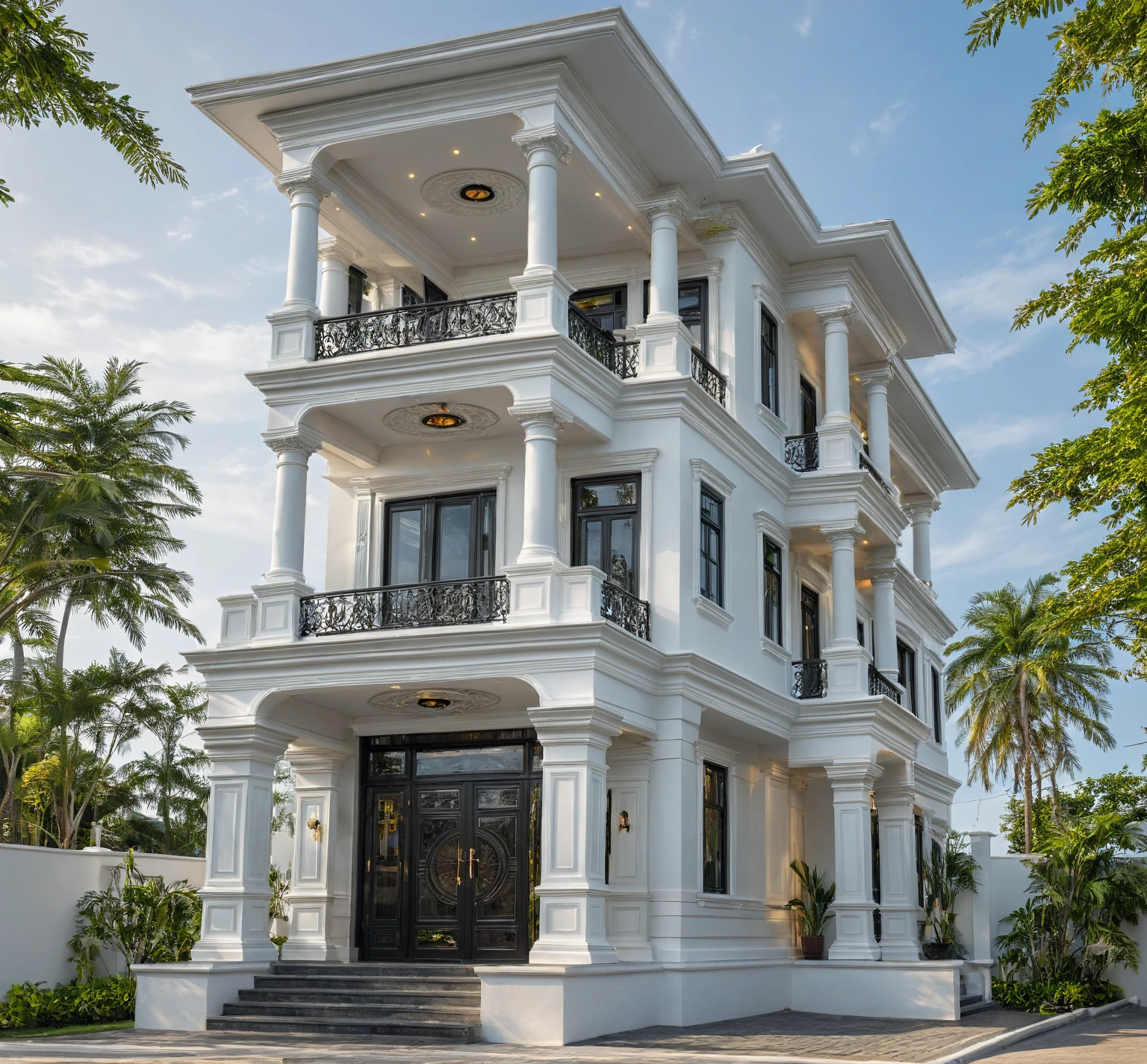 neo classical villa on street, (daylight), tropical tree, vivid colour, streetcapes, white tone, black detail, white wall, large glass door, warm interior lighting, best quality, masterpiece, ultra realistic