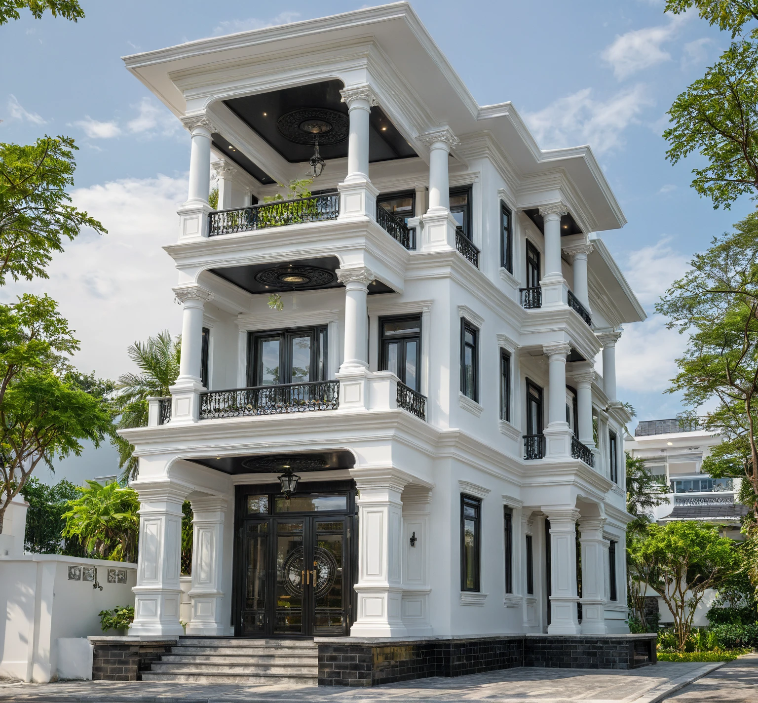 neo classical villa on street, (daylight), tropical tree, vivid colour, streetcapes, white tone, black detail, white wall, large glass door, warm interior lighting, best quality, masterpiece, ultra realistic