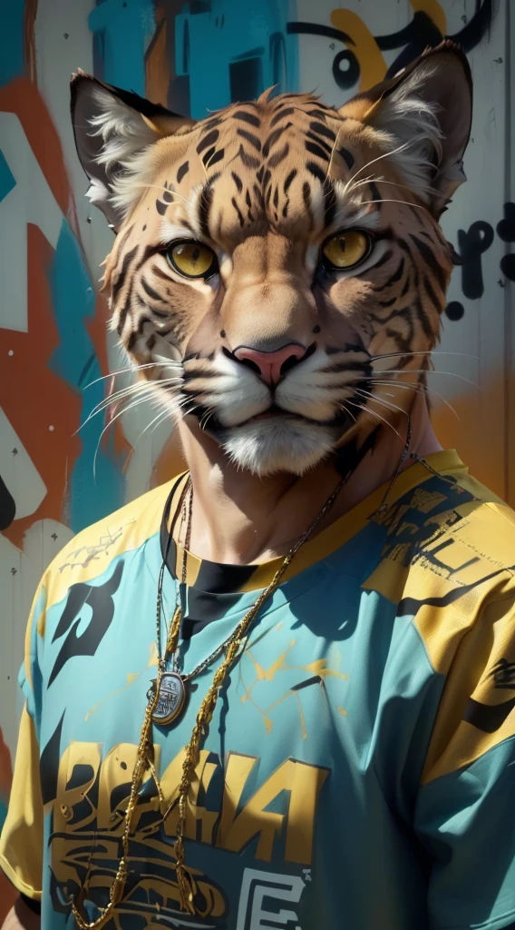 An anthropomorphic puma with a puma face, feline whiskers, golden fur and expressive eyes. Is a (Full body image: 1.3), Full body image: 1.3, with his hairy arms, hairy legs, and puma feet. Wears a backwards baseball cap with graffiti details, an urban t-shirt with a modern design and tight pants. His fingers are claws, his legs, pies, hands and arms are hairy. Un puma antropomórfico muy realista 4k con golden fur and expressive eyes. Wears a backwards baseball cap with graffiti details, an urban t-shirt with a modern design and tight pants. Detail the character a lot. Its claws are adorned with silver rings and a necklace with a shiny medallion., anthropomorphic puma is standing, looking forward with a confident and pleasant expression, The pose is full body looking at the camera showing a relaxed but determined pose.. hyperrealistic image with hairy arms Background:
Completely clear green background to highlight the character and be able to crop the image.