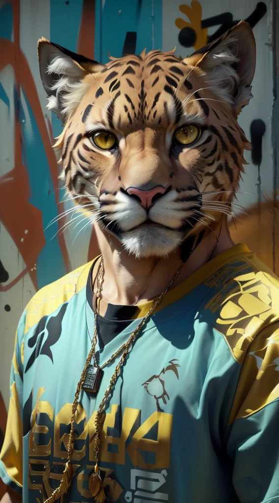 An anthropomorphic puma with a puma face, feline whiskers, golden fur and expressive eyes. Is a (Full body image: 1.3), Full body image: 1.3, with his hairy arms, hairy legs, and puma feet. Wears a backwards baseball cap with graffiti details, an urban t-shirt with a modern design and tight pants. His fingers are claws, his legs, pies, hands and arms are hairy. Un puma antropomórfico muy realista 4k con golden fur and expressive eyes. Wears a backwards baseball cap with graffiti details, an urban t-shirt with a modern design and tight pants. Detail the character a lot. Its claws are adorned with silver rings and a necklace with a shiny medallion., anthropomorphic puma is standing, looking forward with a confident and pleasant expression, The pose is full body looking at the camera showing a relaxed but determined pose.. hyperrealistic image with hairy arms Background:
Completely clear green background to highlight the character and be able to crop the image.
