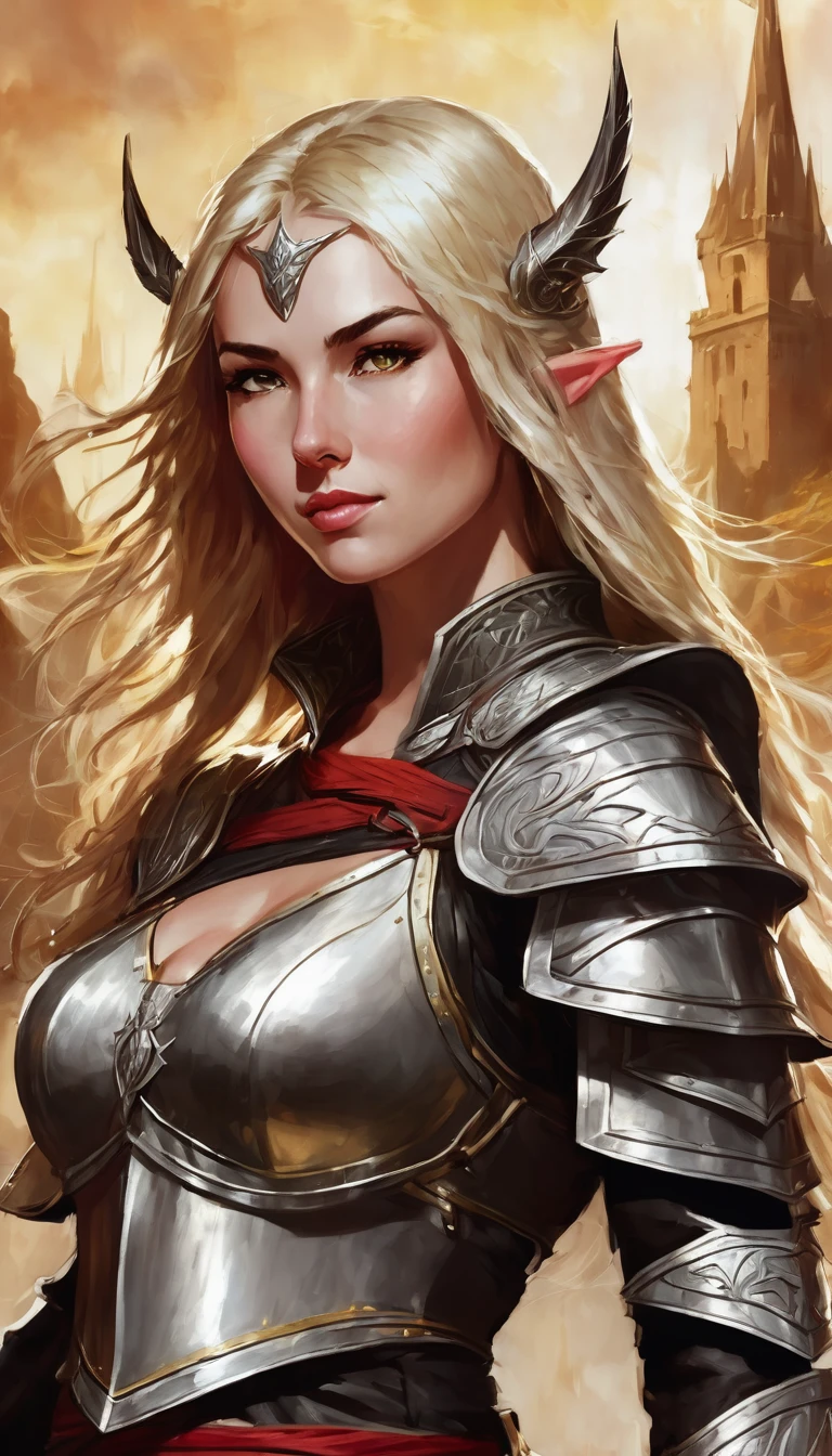 (character portrait for the game Dungeons and dragons), (female 30 years old, spellblade, high charisma), (white skin:0.8, nordic facial features, heavy black makeup, light blue eyes, blond, long, straight hair), (dark fantasy), (heavy platemail armor, gray metallic, cleavage),([dim lights], shadows in the background, red, black, yellow)