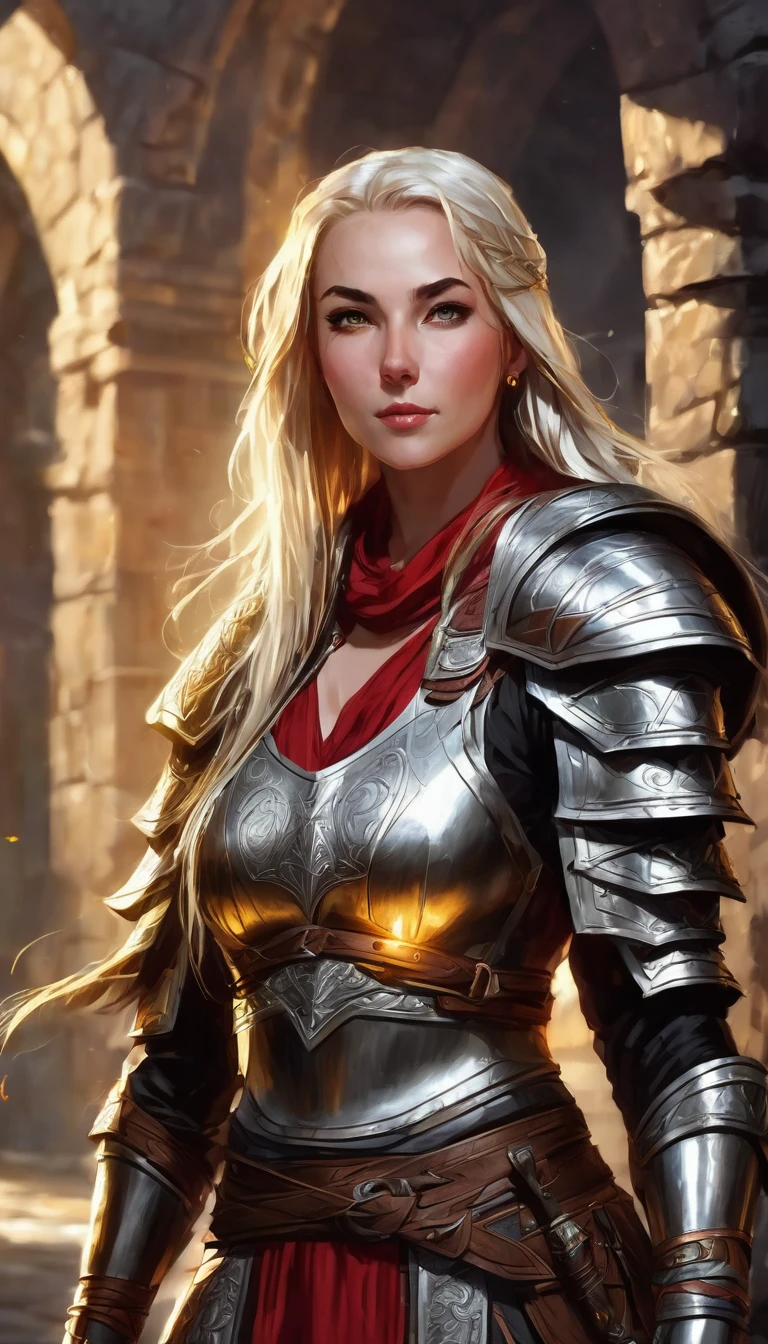 (character portrait for the game Dungeons and dragons), (female 30 years old, spellblade, high charisma), (white skin:0.8, nordic facial features, heavy black makeup, light blue eyes, blond, long, straight hair), (dark fantasy), (heavy platemail armor, gray metallic, cleavage),([dim lights], shadows in the background, red, black, yellow)