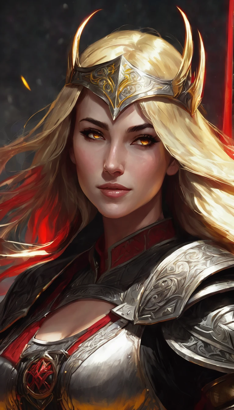 (character portrait for the game Dungeons and dragons), (female 30 years old, spellblade, high charisma), (white skin:0.8, nordic facial features, heavy black makeup, light blue eyes, blond, long, straight hair), (dark fantasy), (heavy platemail armor, gray metallic, cleavage),([dim lights], shadows in the background, red, black, yellow)