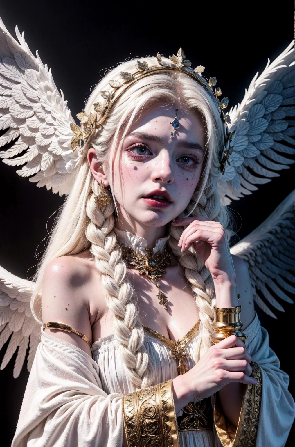 (Masterpiece), (Best Quality: 1.4), absurdities, [:intricate details:0.2],witch, angel wings, milky way, sky, bright aura, intense focus, crackling energy, mysterious symbols, bright specks,Paticulas,many details,best quality, masterpiece,white hair, gold eyes,white clothes, looking up, upper body,hair strand,Fair skin,side braids