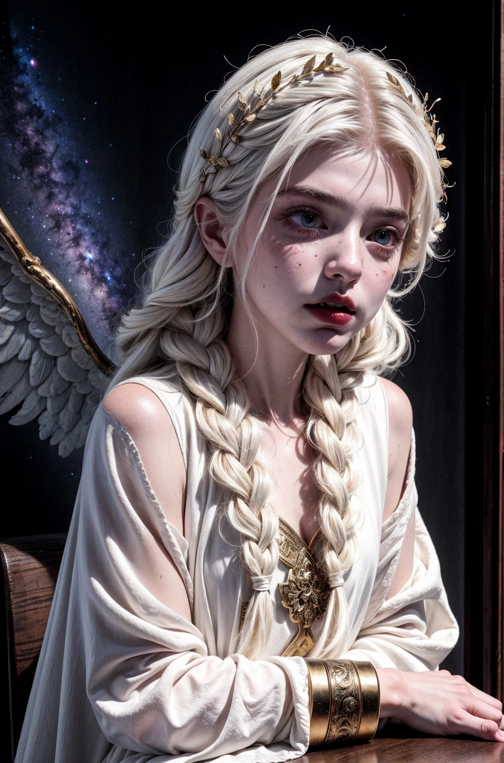 (Masterpiece), (Best Quality: 1.4), absurdities, [:intricate details:0.2],witch, angel wings, milky way, sky, bright aura, intense focus, crackling energy, mysterious symbols, bright specks,Paticulas,many details,best quality, masterpiece,white hair, gold eyes,white clothes, looking up, upper body,hair strand,Fair skin,side braids