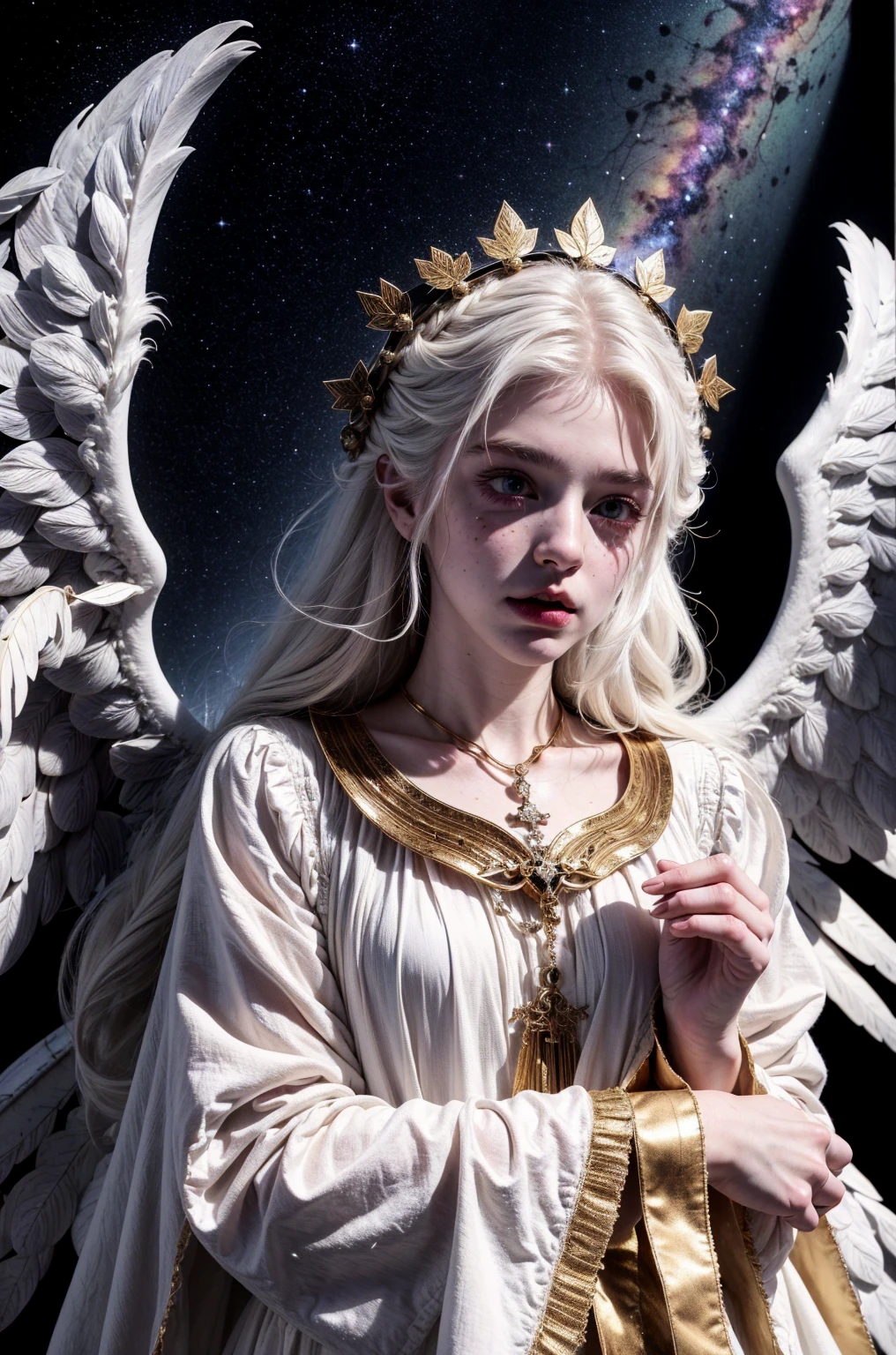 (Masterpiece), (Best Quality: 1.4), absurdities, [:intricate details:0.2],witch, angel wings, milky way, sky, bright aura, intense focus, crackling energy, mysterious symbols, bright specks,Paticulas,many details,best quality, masterpiece,white hair, gold eyes,white clothes, looking up, upper body,hair strand,Fair skin,side braids