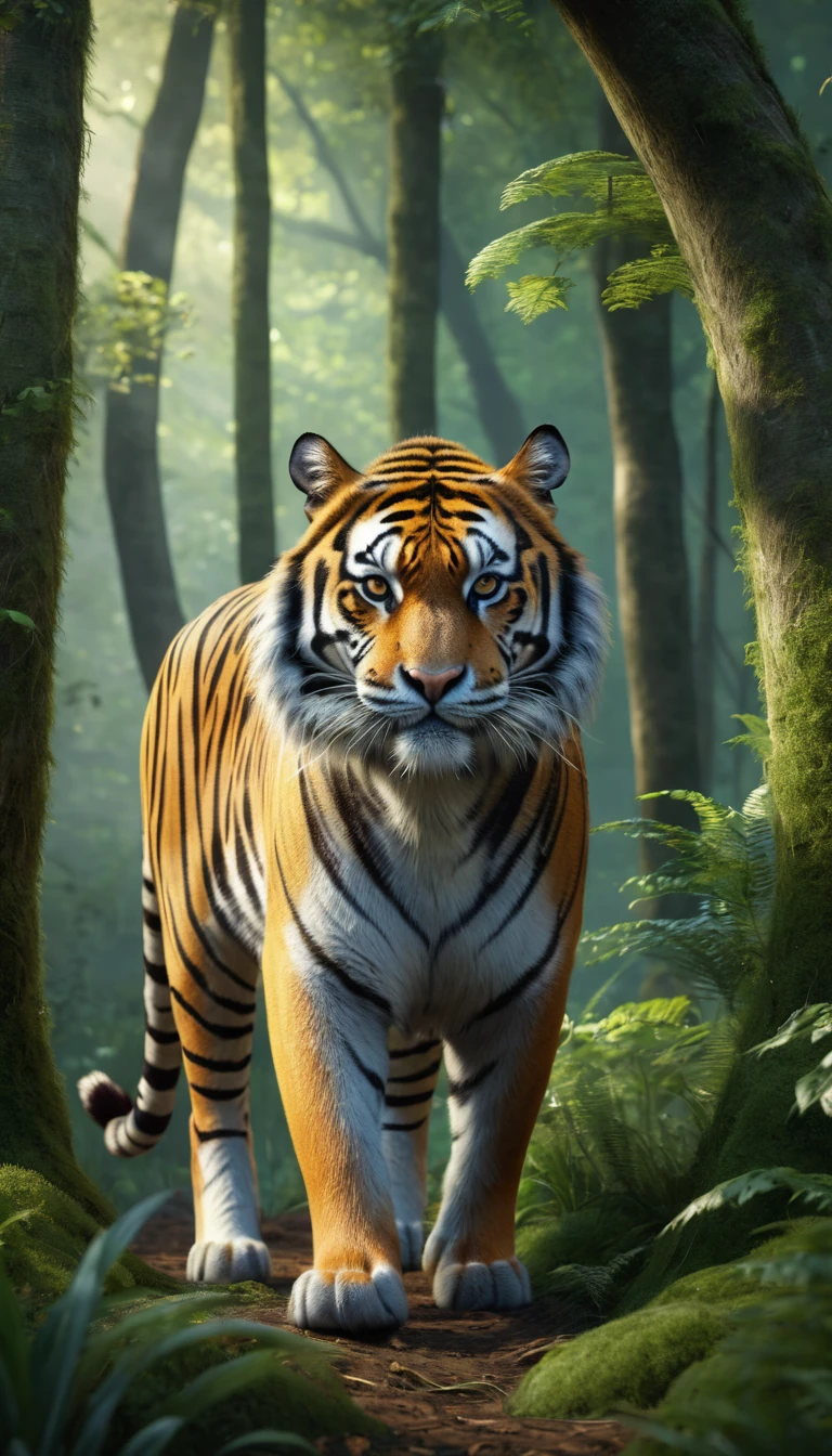 There is a wild beast in the forest，tiger shape，The tail of the cow（best quality，4K，8K，High level，masterpiece：1.2），Ultra Detailed，（lifelike，Photo real，Photo real：1.37），Highly detailed animals，Realistic lighting，Fantasy Creatures