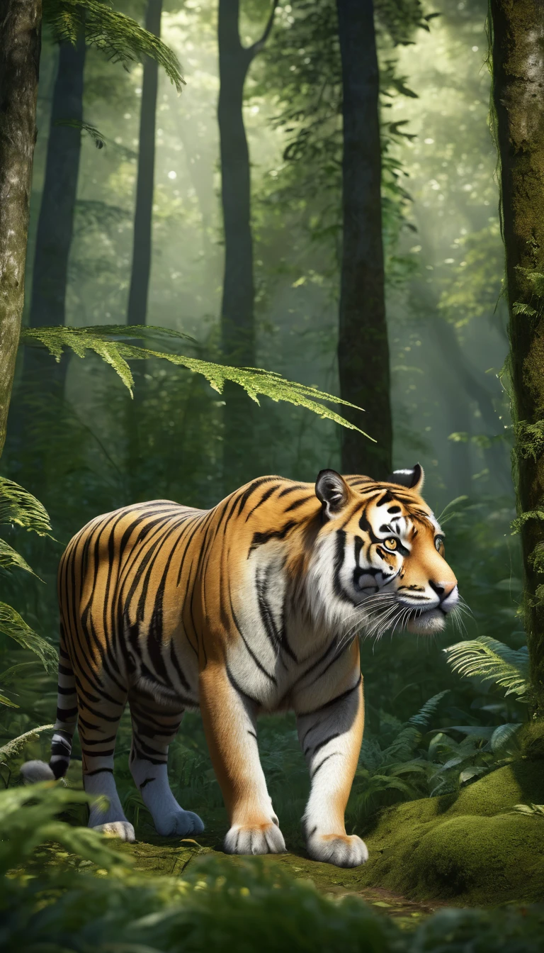 There is a wild beast in the forest,tiger shape,The tail of the cow(best quality,4K,8K,High level,masterpiece:1.2),Ultra Detailed,(lifelike,Photo real,Photo real:1.37),Highly detailed animals,Realistic lighting,Fantasy Creatures