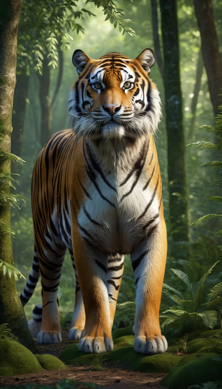 There is a wild beast in the forest,tiger shape,The tail of the cow(best quality,4K,8K,High level,masterpiece:1.2),Ultra Detailed,(lifelike,Photo real,Photo real:1.37),Highly detailed animals,Realistic lighting,Fantasy Creatures