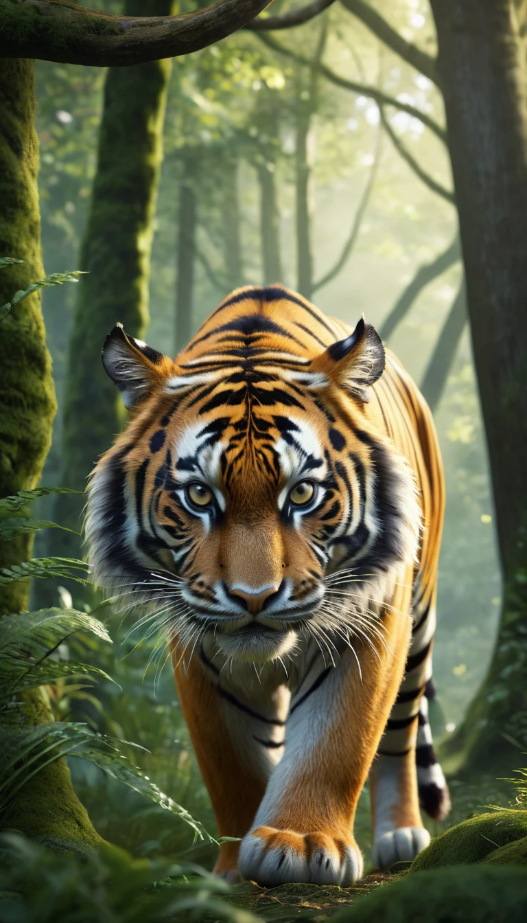 There is a wild beast in the forest,tiger shape,The tail of the cow(best quality,4K,8K,High level,masterpiece:1.2),Ultra Detailed,(lifelike,Photo real,Photo real:1.37),Highly detailed animals,Realistic lighting,Fantasy Creatures