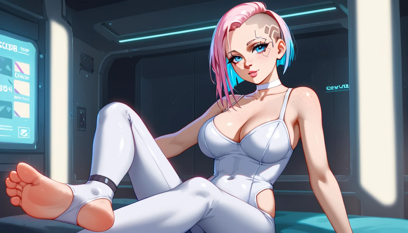 Create a digital anime-style image of a young woman with a modern, hair half top half light pink and half bottom light blue, hair cut side shaved head, eyes blue, lips atractive, beatiful fitness of her body. edgy appearance standing confidently in a dimly lit room with a cyberpunk aesthetic. The woman should tight small suit cyberpunk, sample legs and foot, legs open frontal bedroom, styled hair with vibrant colors, The room cyber high details. cute nose, seductive,white choker, pink lips, freckles, large breasts, pretty girl