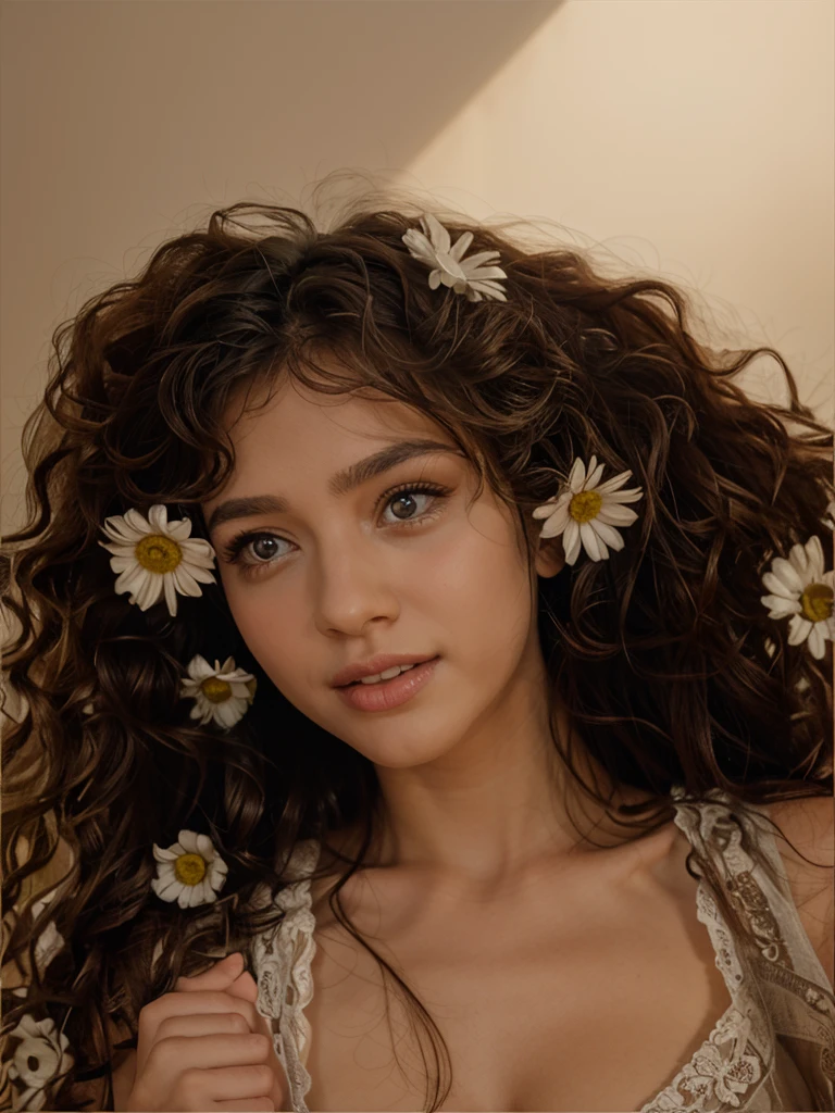 A girl licks in a clearing with daisies