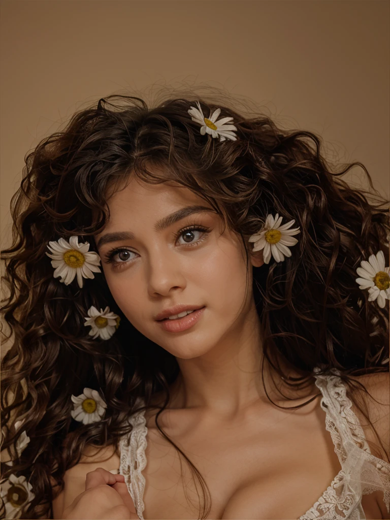 A girl licks in a clearing with daisies