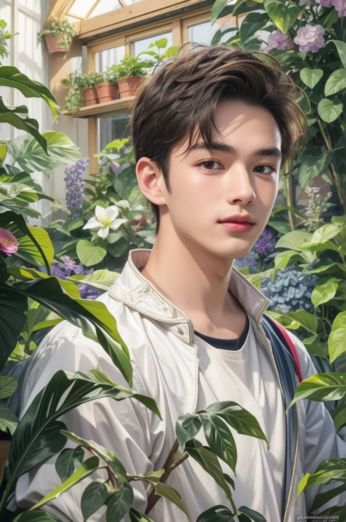 (masterpiece, top quality, best quality, official art, enchanting and aesthetic:1.2), (1 boy), smile face, male, guy, face focus, anime, teen guy, young man , best fashion outfit on boy in gardening outfit, plants vibes, extremely detailed accessory, pale skintone (realistic art:1.3),highest detail, kenouji, Teen, boy, young man, male, short hair, close-up face, perfect face, extremely clean details, extremely detailed surrounding greenhouse , very clean details 