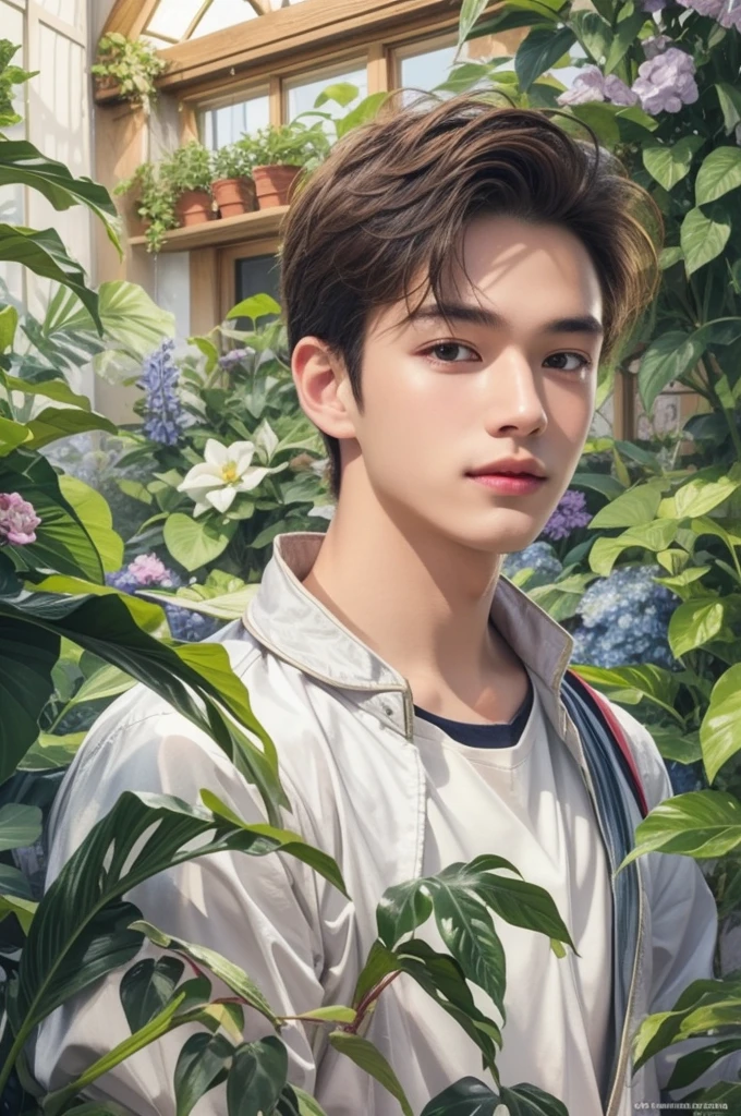 (masterpiece, top quality, best quality, official art, enchanting and aesthetic:1.2), (1 boy), smile face, male, guy, face focus, anime, teen guy, young man , best fashion outfit on boy in gardening outfit, plants vibes, extremely detailed accessory, pale skintone (realistic art:1.3),highest detail, kenouji, Teen, boy, young man, male, short hair, close-up face, perfect face, extremely clean details, extremely detailed surrounding greenhouse , very clean details