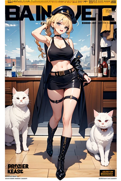 (masterpiece:1.2), (Military uniform magazine cover:1.4),best quality,PIXIV,Sweet girl , sexy posture,1girl, (perky chest:1.2), rolling upskirt by wind:1.6, (with sparkling eyes and a contagious smile),open mouth, (pointed chest:1.2),fishnets, black hair, boots, long hair, black nails, skirt, shirt, black footwear, bag, black skirt, jewelry, jacket,  thigh strap, bangs, necktie, earrings, nail polish, multicolored hair, looking at viewer, full body, bottle, own hands together, belt, jacket on shoulders, food, cats on head, ring, choker, english text, collared shirt, blue eyes, hat, lace-up boots ,masterpiece、highest quality、Very detailed、An illustration、Beautiful fine details、One Girl、cute、Detailed landscape、Training Room Background:1.4、Platinum Blonde Hair、Braided Ponytail、Red camisole、((c cup breasts, Tank top showing underboob:1.4))
