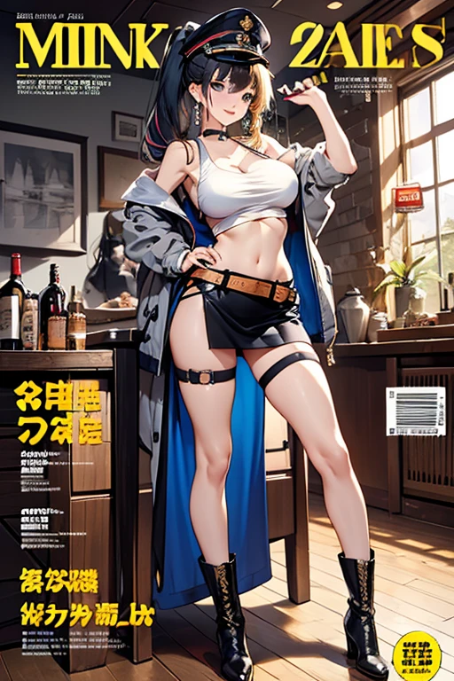 (masterpiece:1.2), (Military uniform magazine cover:1.4),best quality,PIXIV,Sweet girl , sexy posture,1girl, (perky chest:1.2), rolling upskirt by wind:1.6, (with sparkling eyes and a contagious smile),open mouth, (pointed chest:1.2),fishnets, black hair, boots, long hair, black nails, skirt, shirt, black footwear, bag, black skirt, jewelry, jacket,  thigh strap, bangs, necktie, earrings, nail polish, multicolored hair, looking at viewer, full body, bottle, own hands together, belt, jacket on shoulders, food, cats on head, ring, choker, english text, collared shirt, blue eyes, hat, lace-up boots ,masterpiece、highest quality、Very detailed、An illustration、Beautiful fine details、One Girl、cute、Detailed landscape、Training Room Background:1.4、Platinum Blonde Hair、Braided Ponytail、Red camisole、((c cup breasts, Tank top showing underboob:1.4))
