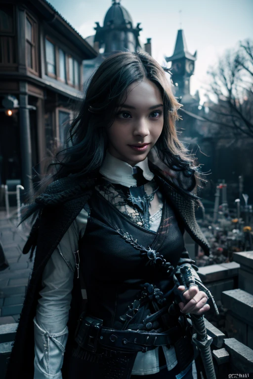 Young beautiful girl, Emma Myers, American, SOFT SMILING FACE, HAVE A BROWN HAIR, wears a old work cap, wears old-fashioned clothes, 19th century, poverty-stricken clothes, old torn clothes, 19th century period clothing, holding a bouquet, standing before her grandparents' tombstones, cemetery background, dark cities background, night time, midnight background.

The Smiling and widely mouth laughing Skeleton Woman from Bloodborne.

A black-haired girl wields the Heavy Thrusting SCYTHES and equip the SHOTGUNS from within the Elden Ring in a reverse grip.

Blooded Background.

The Monstrously Cannibalism Clockwork Flaming Lanterns from Bloodborne. The Monstrously Cannibalism Clockwork Thorny Wheels Robot Droid Nun and Knights From Bloodborne.

a close up symmetrical portrait of a cyberpunk gangster, biomechanical, mshn robot, splashes of orange red, hyper realistic, intricate design, (insanely detailed:1.4), (extremely fine details:1.35), Extremely sharp lines, steel, cinematic lighting, Photorealistic, a detailed painting by Ayami Kojima and Lilia Alvarado, (best quality, high quality, absurdres, intricate detail, masterpiece, cinematic), highly detailed, motion blur, film grain, noise, lens effects,