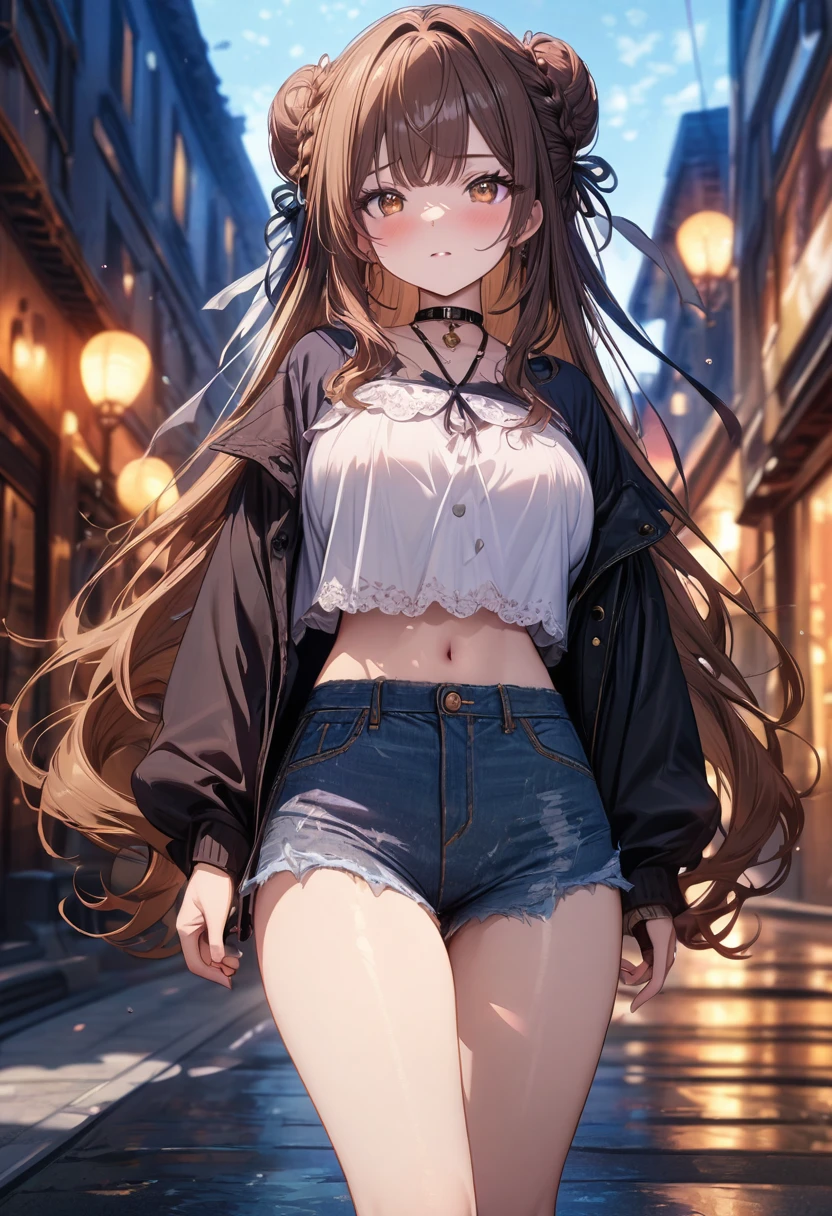 (masterpiece), best quality, very aesthetic, newest, absurdres, detailed, high quality
BREAK
highest quality, top quality, details, highres, ultra fine painting, digital art, official art, cinematic, 4k, 8k resolution, 8K CG wallpaper, CG, original artwork, detailed background, colorful background, blue atmosphere, High Dynamic Range, blurry background, blue hour, Starburst effects, crepuscular rays, good ISO, high resolution, wide shot, from far away, RAW photo, POV, sharp focus, light reflection, reflections, intricate details, soft light, particle noise, professional photography, bokeh, depth of field, natural lighting, vibrant colors, looking away, detailed lights and shadows, stylish, ultra-detailed, top rated on Pixiv, trending on Artstation, niji style, modern-days, master crafted, pose
BREAK
solo, (close up), 1girl, pale skin, correct fingers, detailed hand, (big breasts:1.2), big thighs, small torso, short body, flushtered, shy, blush, anxious expression, embarassed, embarassed act, casual, slim, ((cute, childlike face):1.3), nice hips, nice body, brown hair, (very long flowing hair), (big 2 buns hairstyle)), long bangs, long hair, middle hair bangs, brown eyes
BREAK
(white loose-fitting crop shirt, long sleeve, denim shorts, tummy skin, choker, casual wear style, modern fashion)
BREAK
Empty streets background, anime background, quiet street, street lamps, sky