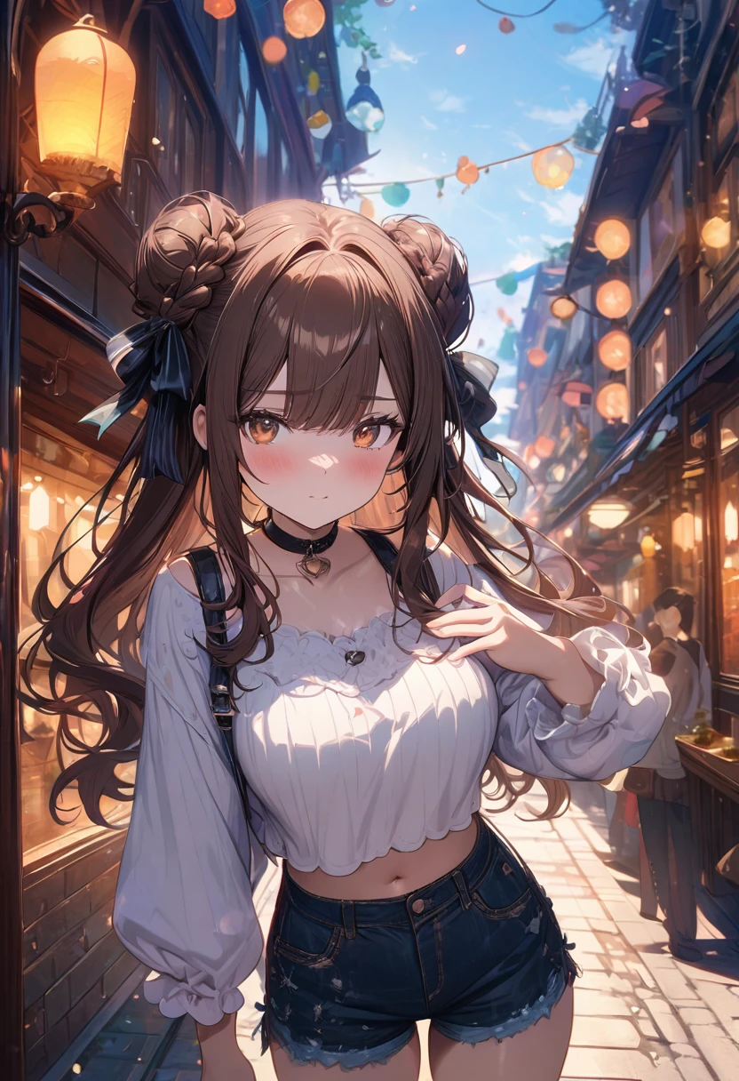 (masterpiece), best quality, very aesthetic, newest, absurdres, detailed, high quality
BREAK
highest quality, top quality, details, highres, ultra fine painting, digital art, official art, cinematic, 4k, 8k resolution, 8K CG wallpaper, CG, original artwork, detailed background, colorful background, blue atmosphere, High Dynamic Range, blurry background, blue hour, Starburst effects, crepuscular rays, good ISO, high resolution, wide shot, from far away, RAW photo, POV, sharp focus, light reflection, reflections, intricate details, soft light, particle noise, professional photography, bokeh, depth of field, natural lighting, vibrant colors, looking away, detailed lights and shadows, stylish, ultra-detailed, top rated on Pixiv, trending on Artstation, niji style, modern-days, master crafted, pose
BREAK
solo, (close up), 1girl, pale skin, correct fingers, detailed hand, (big breasts:1.2), big thighs, small torso, short body, flushtered, shy, blush, anxious expression, embarassed, embarassed act, casual, slim, ((cute, childlike face):1.3), nice hips, nice body, brown hair, (very long flowing hair), (big 2 buns hairstyle)), long bangs, long hair, middle hair bangs, brown eyes
BREAK
(white loose-fitting crop shirt, long sleeve, denim shorts, tummy skin, choker, casual wear style, modern fashion) 
BREAK
Empty streets background, anime background, quiet street, street lamps, sky