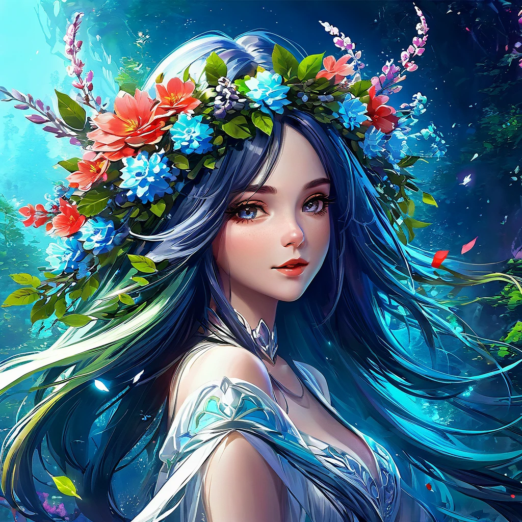 woman with long hair and a wreath of flowers in her hair, digital art, inspired by Rossdraws, trends in the CG community, Fantasy art, Fantasy art style, подробное фэнтезийное digital art, beautiful fantasy portrait, beautiful Fantasy art portrait, великолепное digital art, digital art фэнтези, colorfull digital Fantasy art, beautiful Fantasy art, красивое digital art, красивое digital artwork