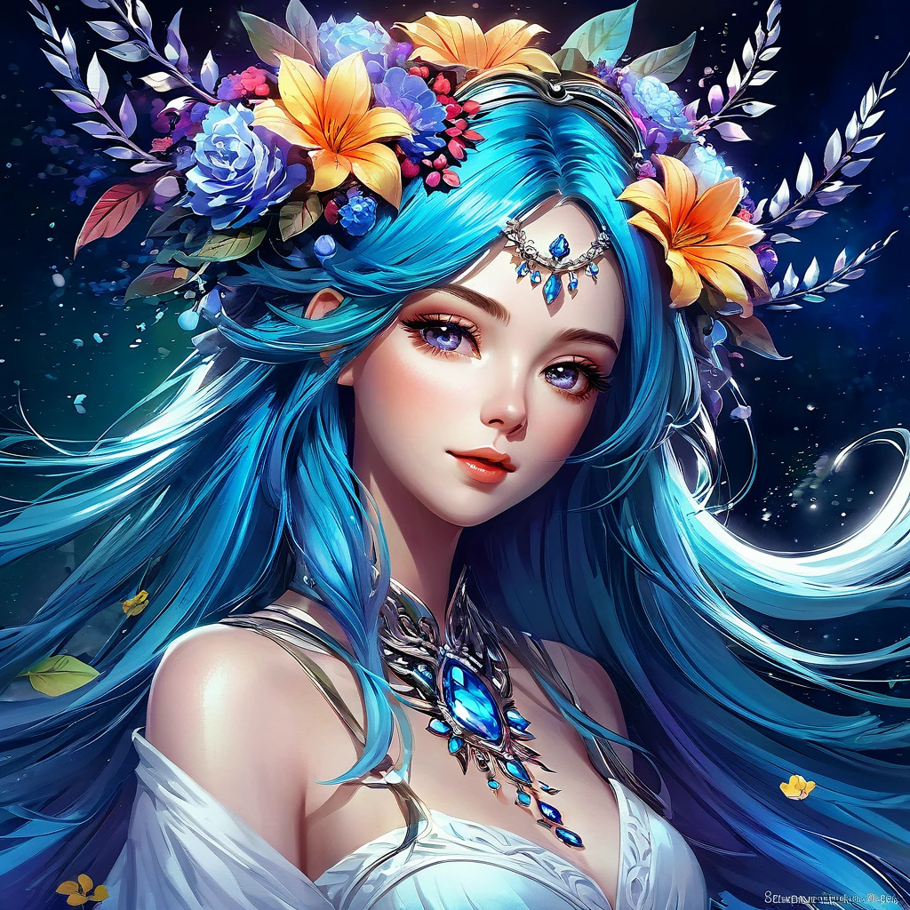 woman with long hair and a wreath of flowers in her hair, digital art, inspired by Rossdraws, trends in the CG community, Fantasy art, Fantasy art style, подробное фэнтезийное digital art, beautiful fantasy portrait, beautiful Fantasy art portrait, великолепное digital art, digital art фэнтези, colorfull digital Fantasy art, beautiful Fantasy art, красивое digital art, красивое digital artwork