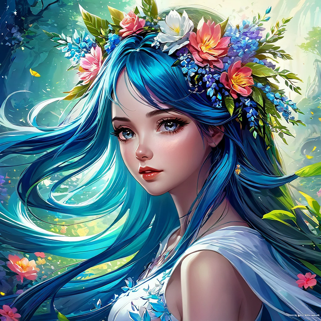woman with long hair and a wreath of flowers in her hair, digital art, inspired by Rossdraws, trends in the CG community, Fantasy art, Fantasy art style, подробное фэнтезийное digital art, beautiful fantasy portrait, beautiful Fantasy art portrait, великолепное digital art, digital art фэнтези, colorfull digital Fantasy art, beautiful Fantasy art, красивое digital art, красивое digital artwork
