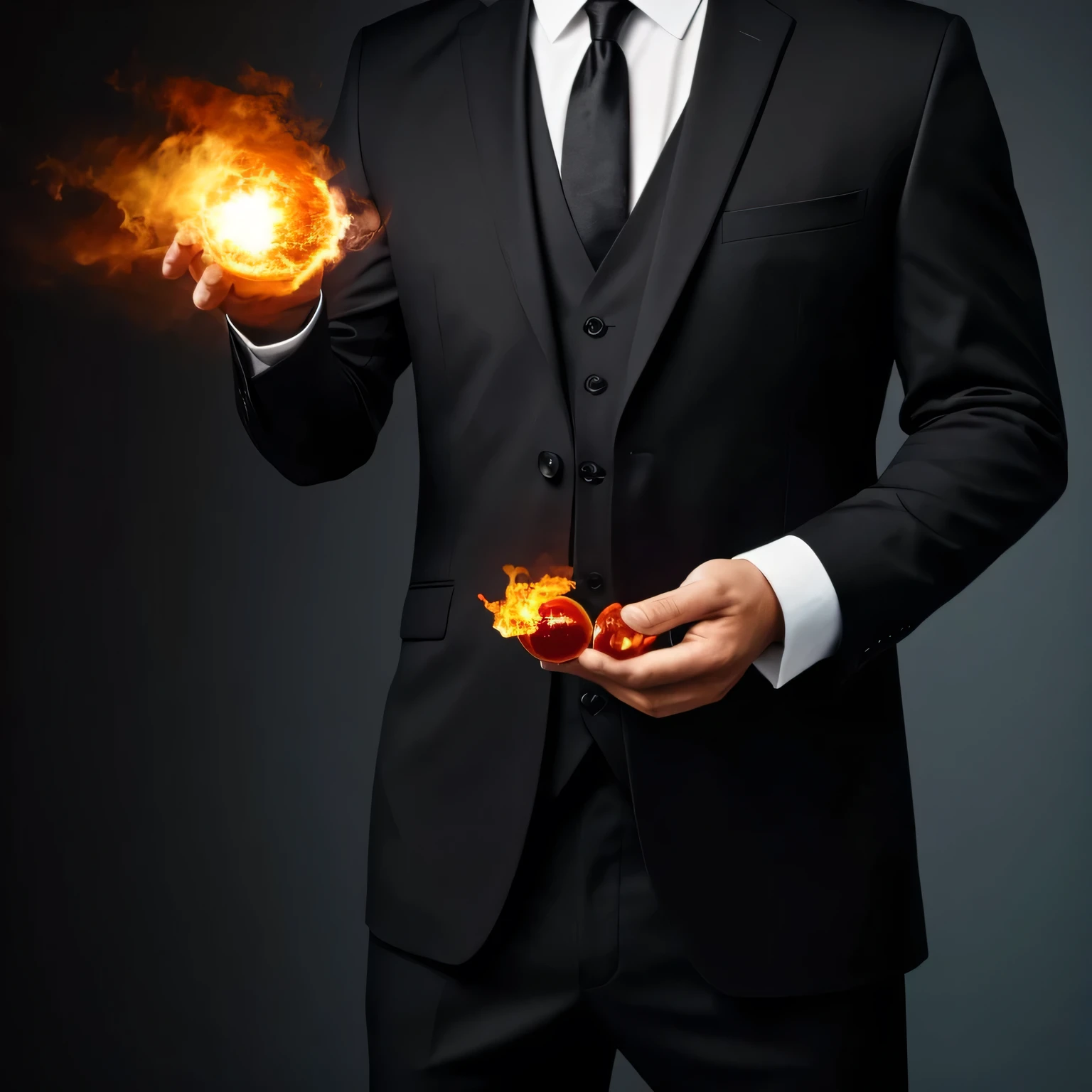 A man in a black suit holding a fireball in his hand