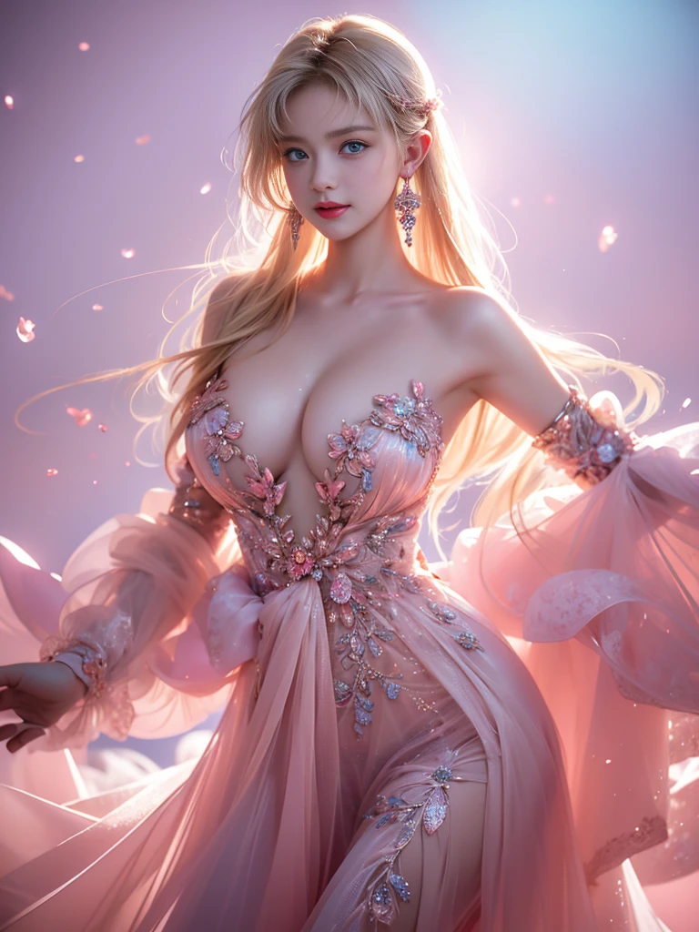 tmasterpiece,Highest image quality,super detailing,Best quality ,Extremely Delicately Beautiful, Very meticulous,Best quality, offcial art, extremely detaild的 CG unified 8k wallpapers, portrait photo of an, The most beautiful look,blond hair blue eyes,Radiant skin and radiant eyes, pretty skin,(Detailed lighting:1.2), (Beautiful and detailed light:1.3), deep understanding, beautiful nude color, iintricate, digitial painting, smooth private parts, Focus sharp, The end of the world, Epic reality, (HighDynamicRange:1.4),(pastel colour:1.4), Beautiful big breasts,The end of the world的, giving up, com cores neutras, natta, Screen space refraction, (Complicated details, ultra - detailed:1.3), art stations, Cinema lenses, vignet, the complex background, buliding,Enchanted smile,face flushed,the shy,detailed back ground,(Dream catcher earrings in various colorlack in color,white colors,in pink,purpleish color,red colour,blue colors,orange colors,green color,cyan colors,),sexy and sultry,(The kinky is exposed,Camel toes,Combed through the dark and thick hair,),Crystal Pink Diamond Venice Sunset Rose Dress,semi transparent,Ultrathin,Correct bodies,Hollow-out on,Lace,