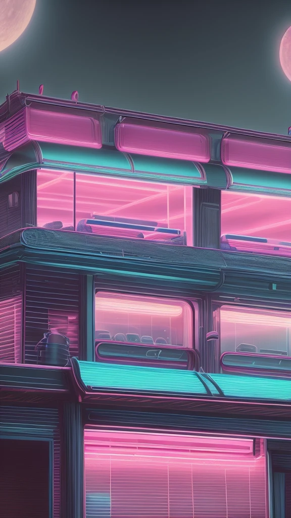 1950 diner depiction with pinks and blues on a moody romantic night. The moon glows above the scene with a vibrant selection of hues.