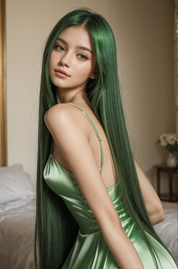 a girl, Europe, long straight hair , green hair, gentle and gentle, Charming , plump face, silk dress
