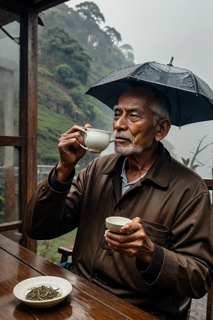 Old man drinking tea in a rainy day in darjeeling