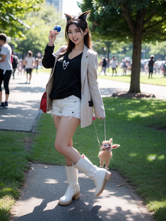 A determined cute woman pokemon trainer, tosses out her pokeball summoning a confused naked woman in pokemon boots and ears, crowded park in daytime. The trainer yells 'Milafachu! I choose you!' in a chat bubble