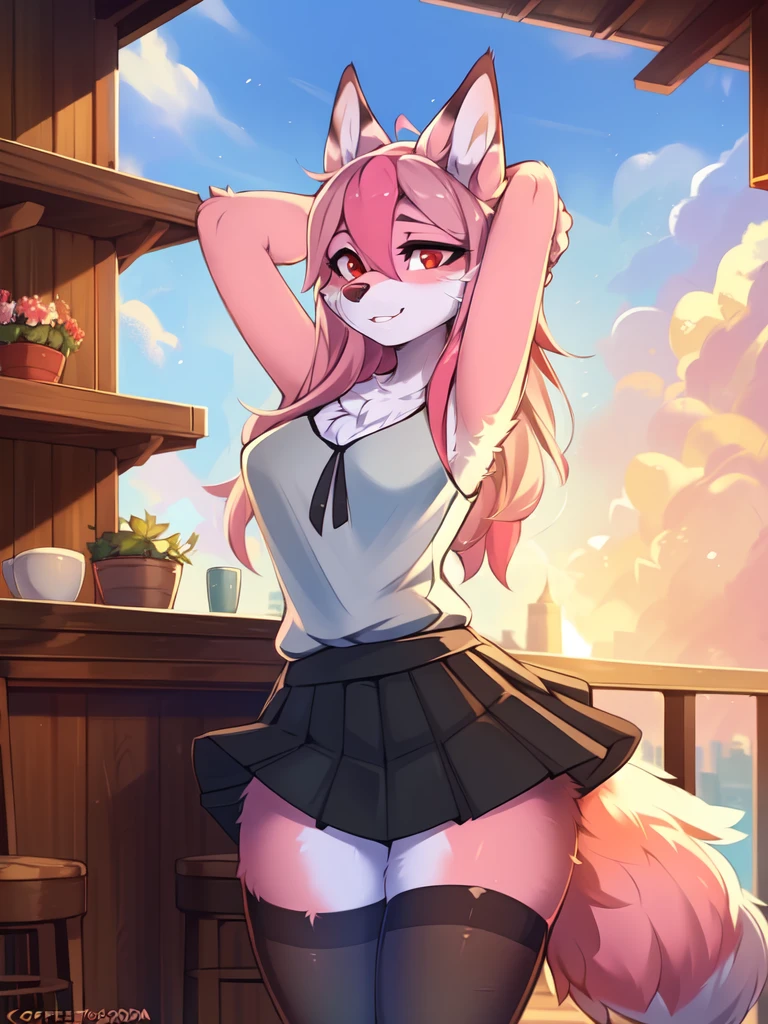from Kenketa, Ross Tran, Ruan Jia, mumps, Foxovh, от zackary911, от Hyattlen, on a terrace, by Fumiko, от Pixelsketcher, by Bayard Wu, Thomas Benjamin Kennington, from Einshelm, from Kilina, by Coffeesoda, from Hyoshiru, from down-kevlar, от r-mk, by Dimwitdog, fluffy, Nazuna_hiwatasi, antro, Female, One, standing, mocking look, (half-closed eyes), pink hair, pink tail, (white for girls, blues skirt, high stockings), (Red eyes), olhos para trás, (enormes breasts, hips), (Fox), (hands above head), (pink body, two-tone fur), bunda para expectador, olhando para trás.