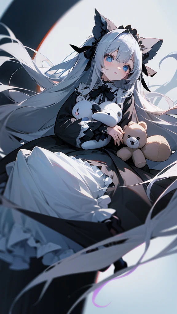 anime girl wearing grey long hair wearing a gothic ta dress holding a teddy bear her skin is white and her eyes is blue full body and white screen
