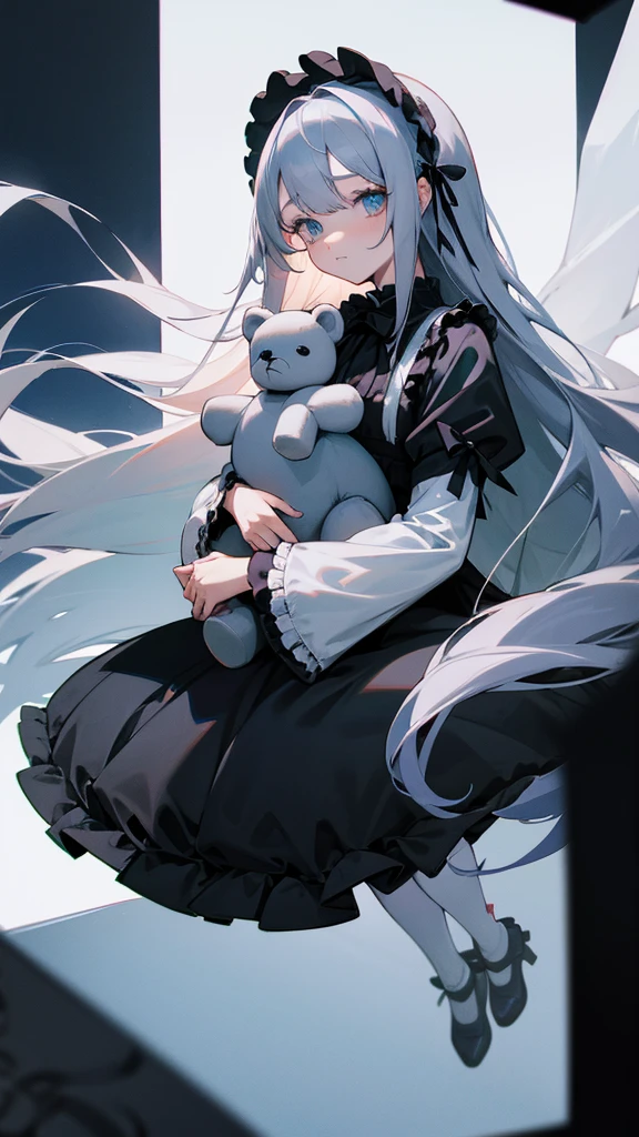 anime girl wearing grey long hair wearing a gothic lolita dress holding a teddy bear her skin is white and her eyes is blue full body and white screen