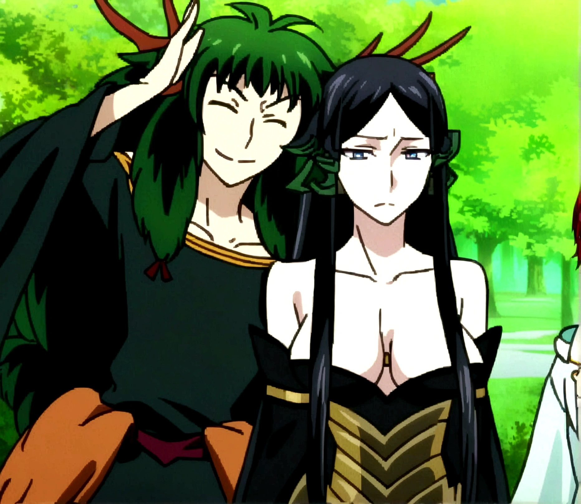 anime characters dressed in costumes standing next to each other, fus rei, wearing dark green robes, anime masterpiece, today's featured anime still, the goddess artemis smirking, shuushuu anime image, top 25 fantasy anime series, möbius and æon flux, screenshot from guro anime, from sengoku period, in a anime masterpiece