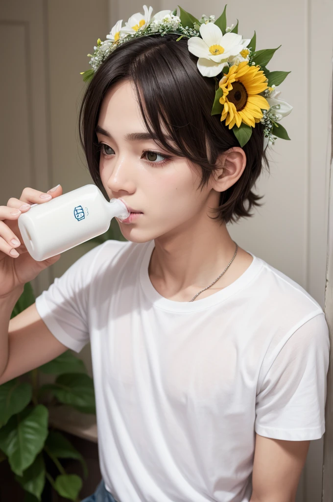 A minion drinking milk with a white t-shirt and a flower crown on his head