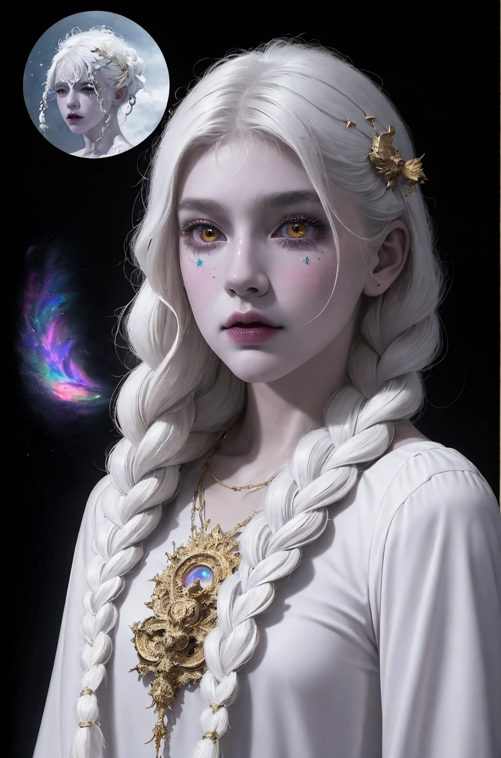 (Masterpiece), (Best Quality: 1.4), absurdities, [:intricate details:0.2],witch, angel wings, milky way, sky, bright aura, intense focus, crackling energy, mysterious symbols, bright specks,Paticulas,many details,best quality, masterpiece,white hair, gold eyes,white clothes, looking up, upper body,hair strand,Fair skin,side braids