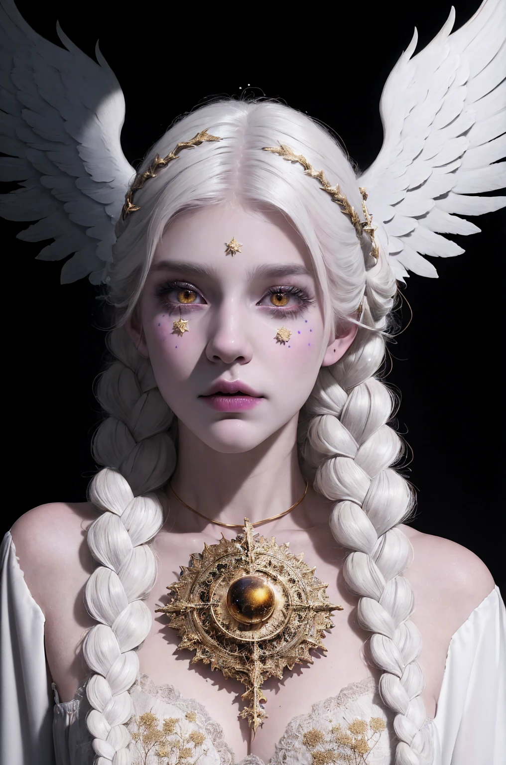 (Masterpiece), (Best Quality: 1.4), absurdities, [:intricate details:0.2],witch, angel wings, milky way, sky, bright aura, intense focus, crackling energy, mysterious symbols, bright specks,Paticulas,many details,best quality, masterpiece,white hair, gold eyes,white clothes, looking up, upper body,hair strand,Fair skin,side braids