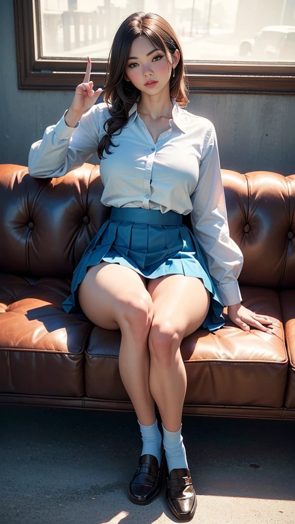 (best quality, 8k, highres, photorealistic:2.0), (solo, one girl:2.0),(lighting: strong),(lighting: front),(very muscular girl:2.0),(bodybuilder girl:1.5),(shiny skin:1.5),(brown hair color:1.5),(Bend your legs and open your thighs:1.8),(black loafers:1.5),(light blue blouse:1.6),(collar blouse:1.2),(long sleeve light blue blouse:1.3),((tight blouse:1.7)),(Emphasize cleavage),(short socks),(white socks:1.1),((blue pleated skirt)),((blue skirt)),((Wearing cute white panties)),((Girl leaning on an old leather sofa)), very beautiful Japanese girl, Blush brown makeup , dark eye makeup,(blow job gesture:1.6)
