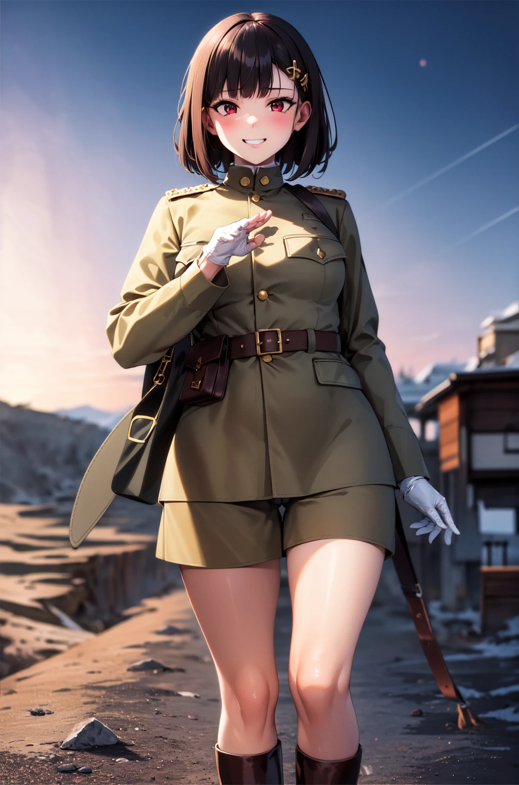 masterpiece, Highest quality, Absurd, High resolution, Very detailed, One Girl, alone, Cowboy Shot, ((IJA Taisho, Khaki uniform, Combatant,Golden Sling,General Positions, 左chestにメダル,)),Black long boots,medium chest,  chest,  Tight waist,  Black Hair,  Blunt bangs, Red eyes, Conceit,Wicked Smile,  White gloves, holster, Leather Belt Pouch, countryside, combustion, Night Sky, battlefield, crater,chestをはだけさせる、Attractive face、Expand the vagina with both hands,pussy,(fellatio gesture),In the mountains