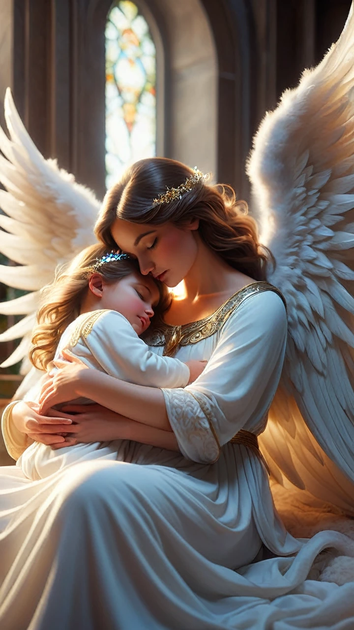 (best quality,4k,highres),mother and  sleeping,angel protector,peaceful atmosphere,soft lighting,tender bond,serene,watchful eyes,sleeping innocence,motherly love,angelic wings,lullaby in the air,blissful dreams,calm and soothing,angelic presence,guardian spirit,eternal love,protective embrace,gentle touch,peaceful sleep,tranquil scene,luminous glow,ecstasy of slumber,supreme serenity,dreamlike warmth,unconditional love,cherished moments,safe and secure,heavenly protection,mother's touch,sacred connection,celestial guardian,eternal bond,inner peace,mother's love,heavenly peace,everlasting serenity